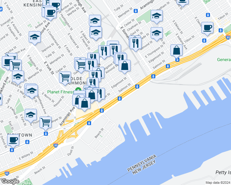 map of restaurants, bars, coffee shops, grocery stores, and more near 2723 East Huntingdon Street in Philadelphia