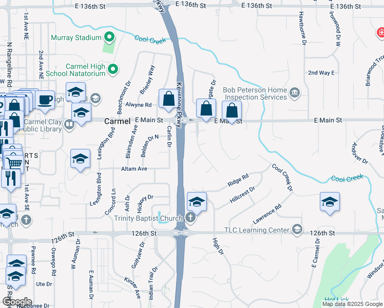 map of restaurants, bars, coffee shops, grocery stores, and more near 1014 Larkspur Circle in Carmel