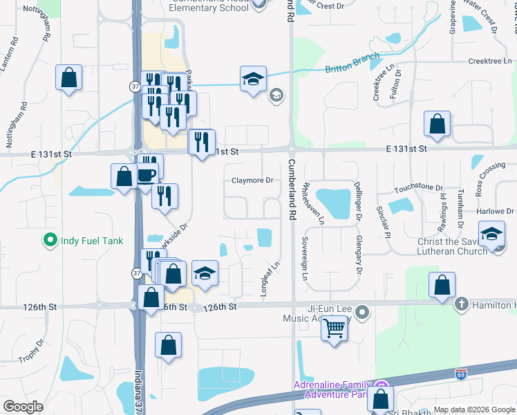 map of restaurants, bars, coffee shops, grocery stores, and more near 12956 Shandon Lane in Fishers