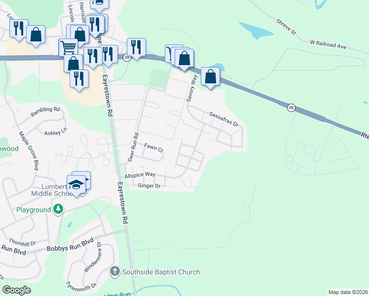 map of restaurants, bars, coffee shops, grocery stores, and more near 30 Coriander Drive in Lumberton