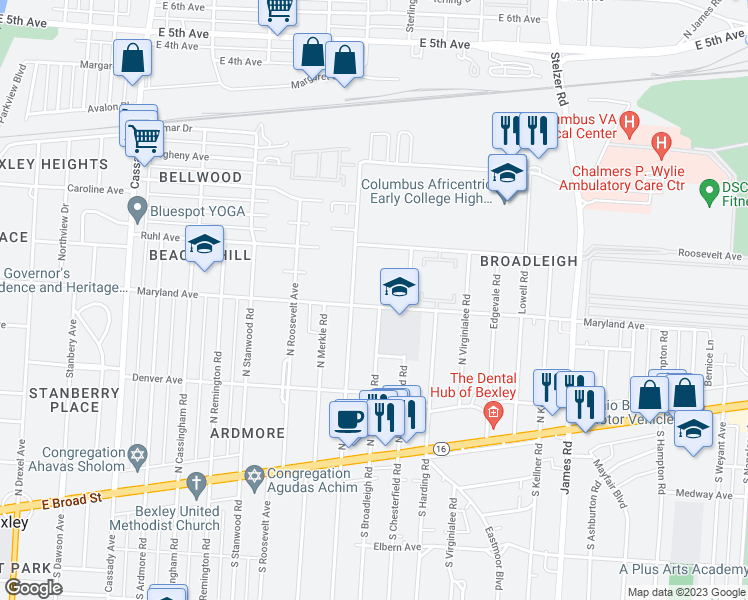 map of restaurants, bars, coffee shops, grocery stores, and more near 3016 Maryland Avenue in Columbus