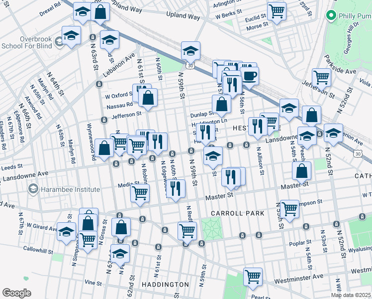 map of restaurants, bars, coffee shops, grocery stores, and more near 5909 Lansdowne Avenue in Philadelphia