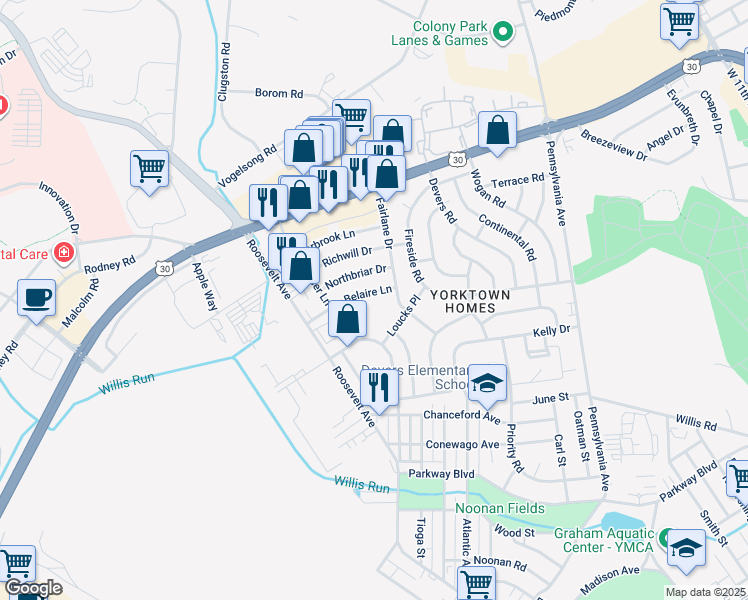 map of restaurants, bars, coffee shops, grocery stores, and more near 928 Belaire Lane in York