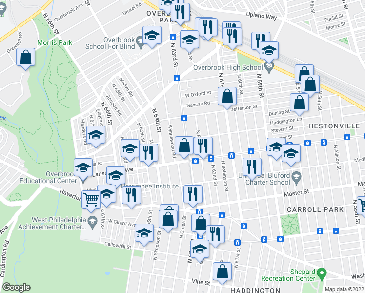 map of restaurants, bars, coffee shops, grocery stores, and more near 816 North 63rd Street in Philadelphia