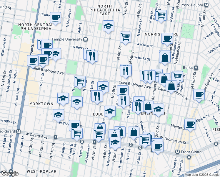 map of restaurants, bars, coffee shops, grocery stores, and more near 1623 North Marshall Street in Philadelphia