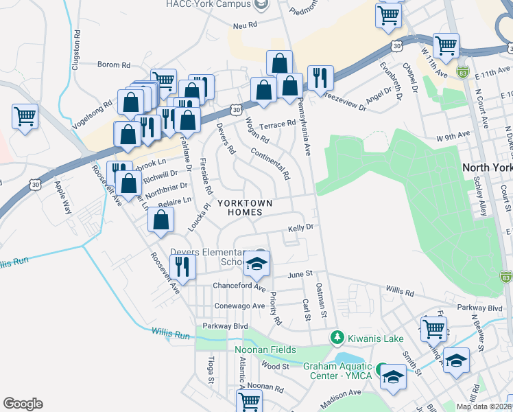 map of restaurants, bars, coffee shops, grocery stores, and more near 753 Fireside Road in York