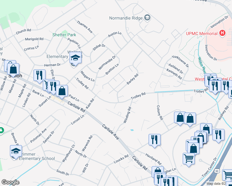 map of restaurants, bars, coffee shops, grocery stores, and more near 202 Pine Court in York