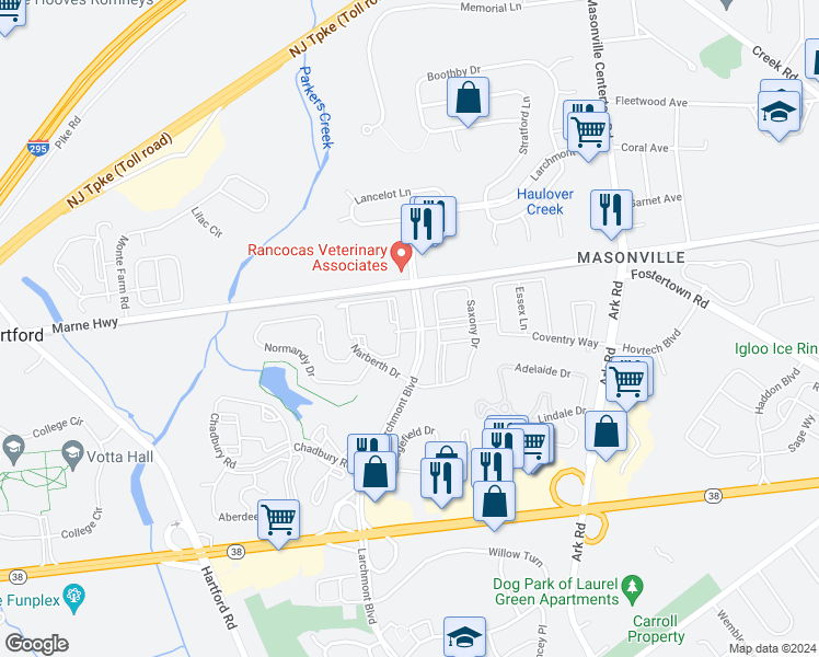 map of restaurants, bars, coffee shops, grocery stores, and more near 1523 Larchmont Place in Mount Laurel