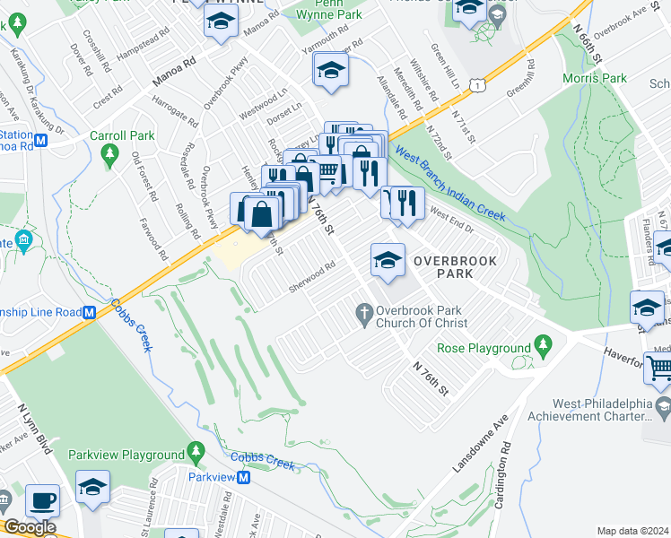 map of restaurants, bars, coffee shops, grocery stores, and more near 7620 Sherwood Road in Philadelphia