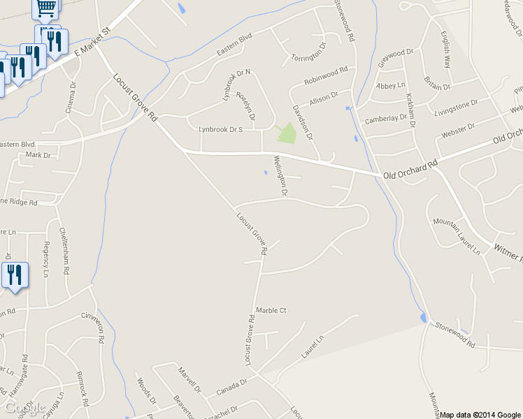 map of restaurants, bars, coffee shops, grocery stores, and more near 4024 Wilshire Drive in York