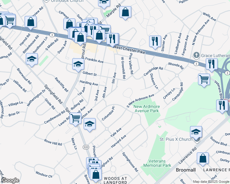 map of restaurants, bars, coffee shops, grocery stores, and more near 123 Morton Avenue in Broomall