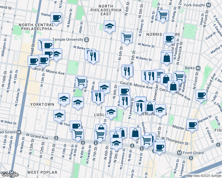 map of restaurants, bars, coffee shops, grocery stores, and more near 1623 North Marshall Street in Philadelphia
