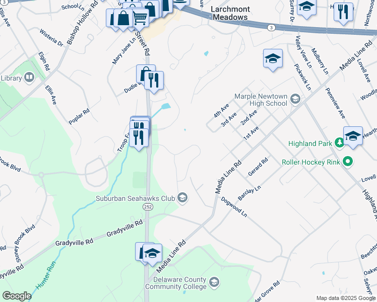 map of restaurants, bars, coffee shops, grocery stores, and more near 3564 Muirwood Drive in Newtown Square