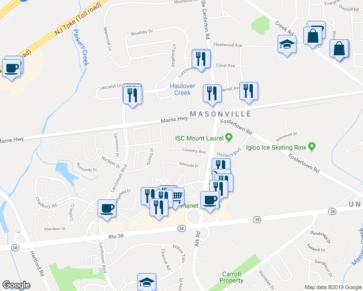 map of restaurants, bars, coffee shops, grocery stores, and more near 5003 Essex Lane in Mount Laurel Township