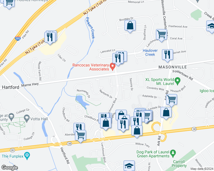 map of restaurants, bars, coffee shops, grocery stores, and more near 1 Larchmont Place in Mount Laurel Township