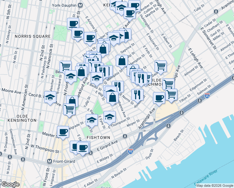 map of restaurants, bars, coffee shops, grocery stores, and more near 1530 East Susquehanna Avenue in Philadelphia