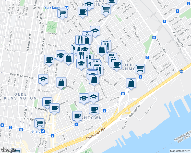 map of restaurants, bars, coffee shops, grocery stores, and more near 1530 East Susquehanna Avenue in Philadelphia