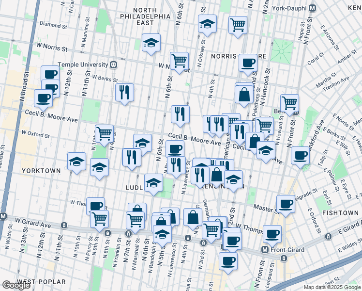 map of restaurants, bars, coffee shops, grocery stores, and more near 1620-50 North 5th Street in Philadelphia