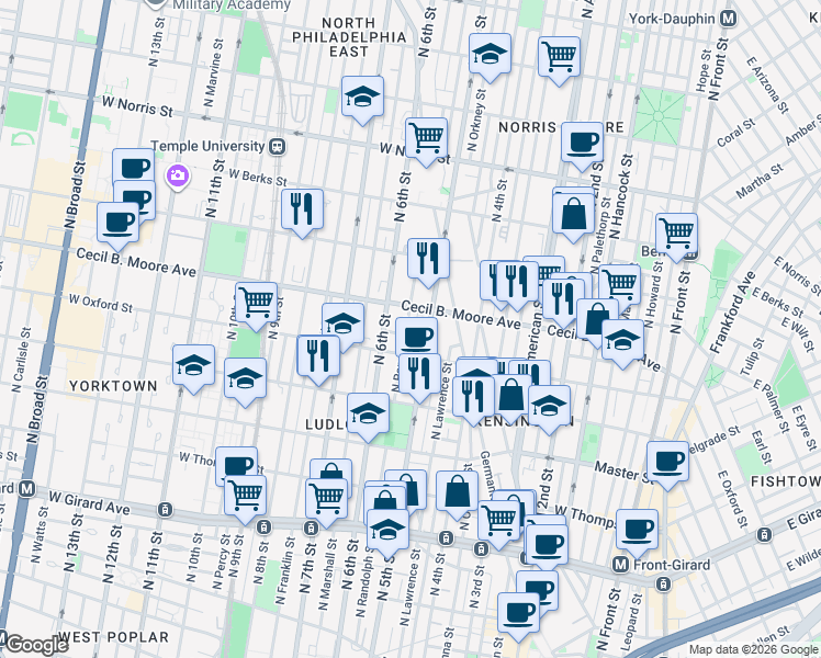 map of restaurants, bars, coffee shops, grocery stores, and more near 1620-50 North 5th Street in Philadelphia