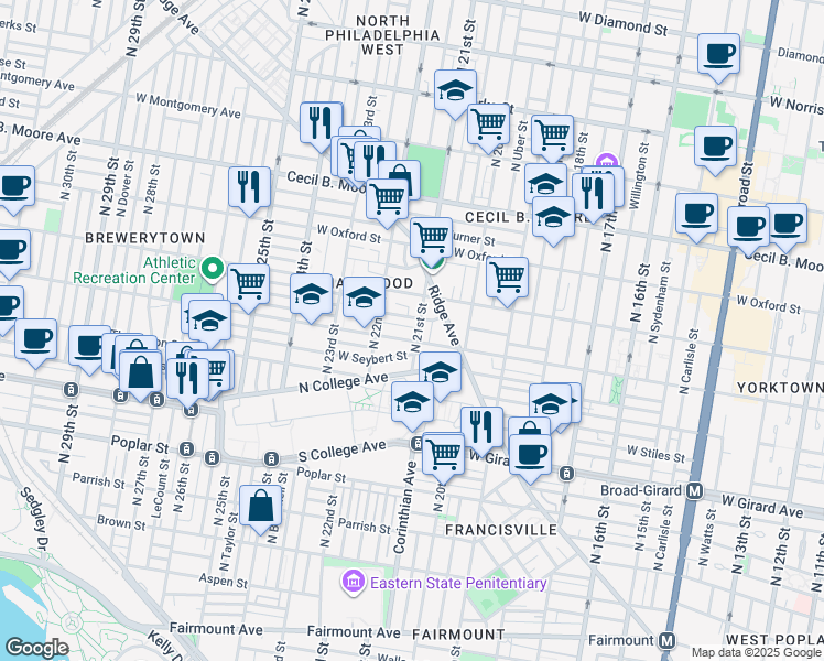 map of restaurants, bars, coffee shops, grocery stores, and more near 2122 Sharswood Street in Philadelphia