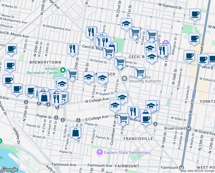 map of restaurants, bars, coffee shops, grocery stores, and more near 2122 Sharswood Street in Philadelphia