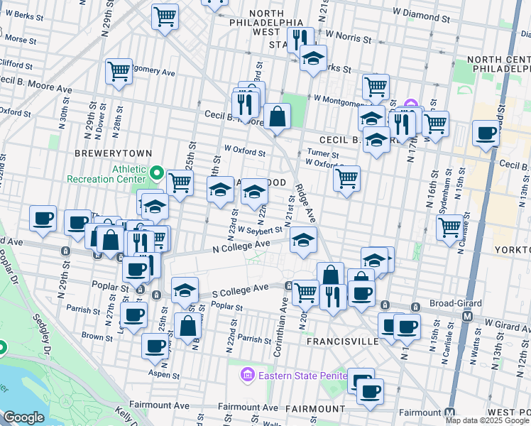 map of restaurants, bars, coffee shops, grocery stores, and more near 2122 Sharswood Street in Philadelphia