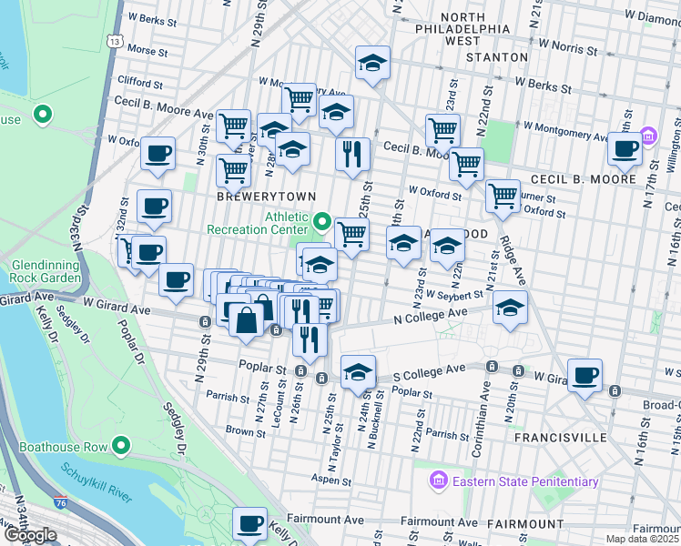 map of restaurants, bars, coffee shops, grocery stores, and more near 2509 Ingersoll Street in Philadelphia