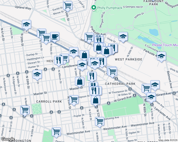 map of restaurants, bars, coffee shops, grocery stores, and more near 1499 North 53rd Street in Philadelphia