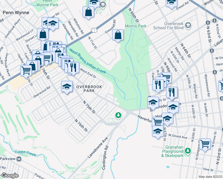 map of restaurants, bars, coffee shops, grocery stores, and more near 7322 Ruskin Road in Philadelphia