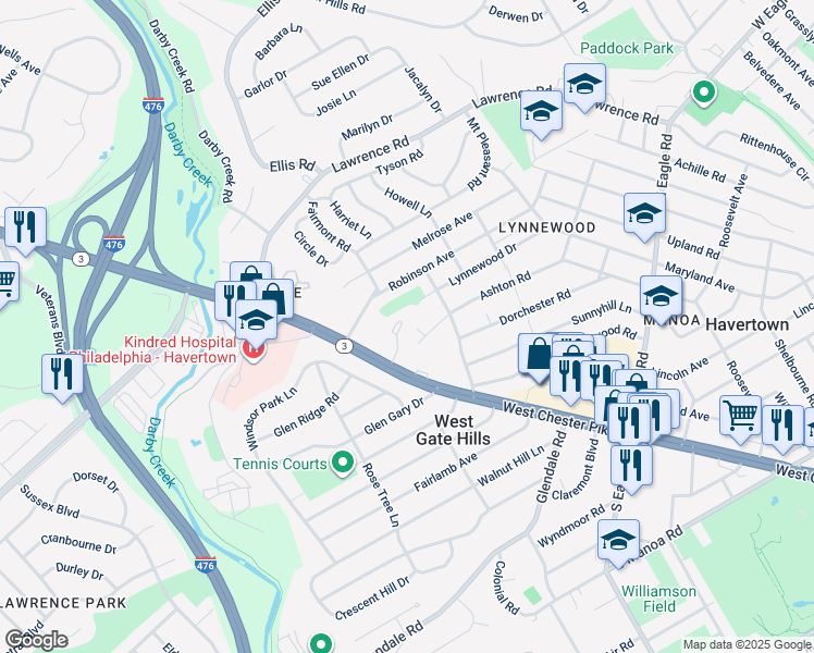 map of restaurants, bars, coffee shops, grocery stores, and more near 1747 West Chester Pike in Havertown