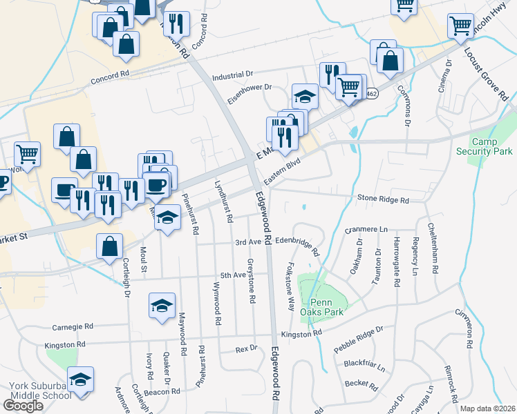 map of restaurants, bars, coffee shops, grocery stores, and more near 104 Pennsylvania 24 in York