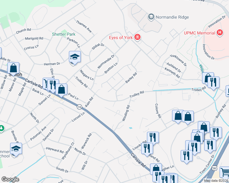 map of restaurants, bars, coffee shops, grocery stores, and more near 202 Pine Court in York