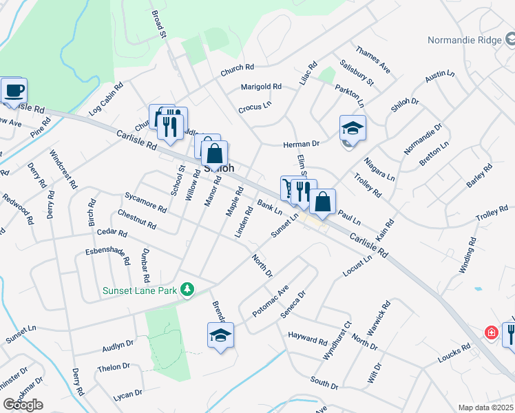 map of restaurants, bars, coffee shops, grocery stores, and more near 2239 Linden Road in Shiloh