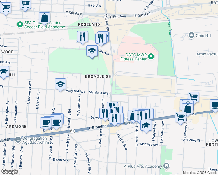 map of restaurants, bars, coffee shops, grocery stores, and more near 212 North Kellner Road in Columbus