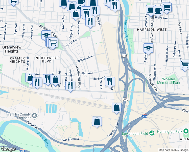 map of restaurants, bars, coffee shops, grocery stores, and more near 827 Burr Avenue in Columbus