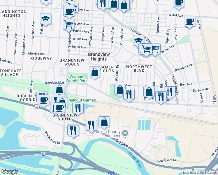 map of restaurants, bars, coffee shops, grocery stores, and more near 1296 Burr Avenue in Grandview Heights