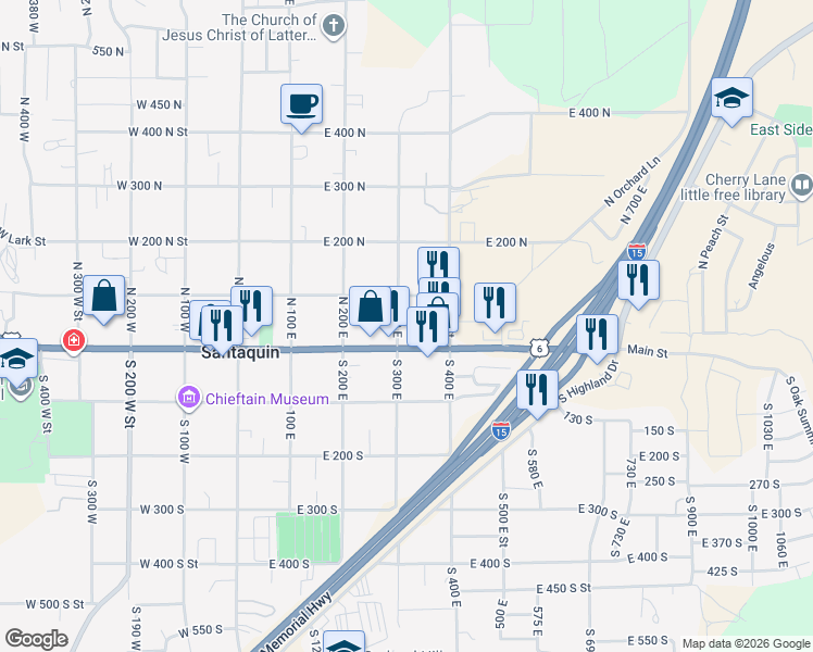 map of restaurants, bars, coffee shops, grocery stores, and more near 44 North 300 East in Santaquin