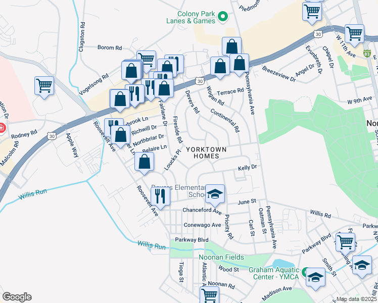 map of restaurants, bars, coffee shops, grocery stores, and more near 826 Fireside Road in York