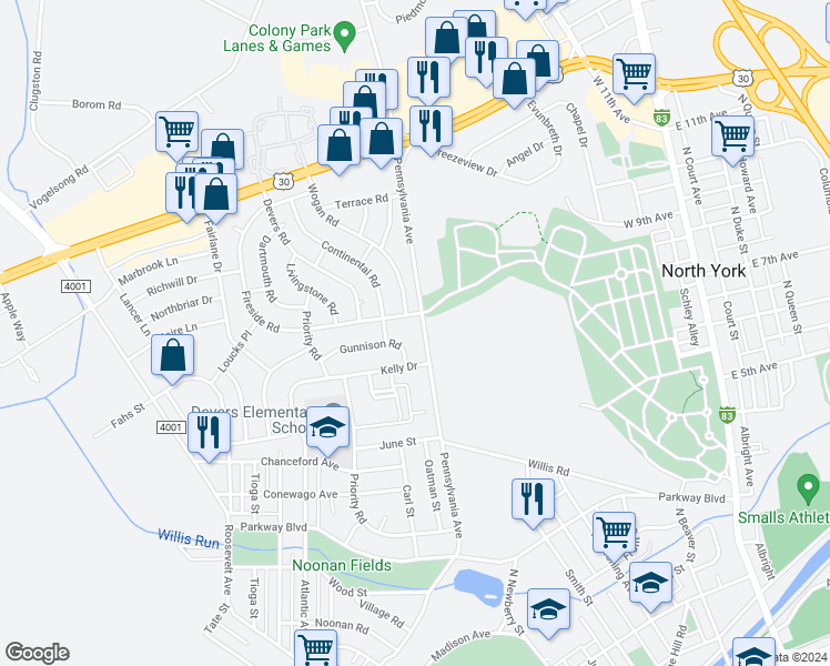 map of restaurants, bars, coffee shops, grocery stores, and more near 1116 Pennsylvania Avenue in York