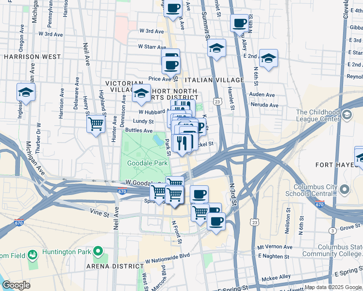 map of restaurants, bars, coffee shops, grocery stores, and more near 19 West Lincoln Street in Columbus