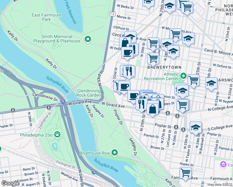 map of restaurants, bars, coffee shops, grocery stores, and more near 3120 West Thompson Street in Philadelphia