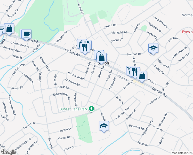map of restaurants, bars, coffee shops, grocery stores, and more near 2279 Manor Road in York