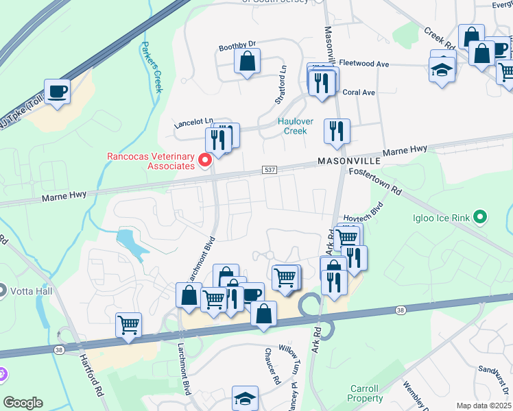 map of restaurants, bars, coffee shops, grocery stores, and more near 5904 Coventry Way in Mount Laurel Township