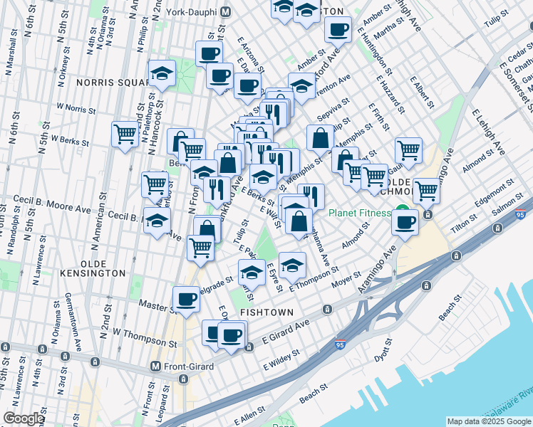 map of restaurants, bars, coffee shops, grocery stores, and more near 1810 Memphis Street in Philadelphia