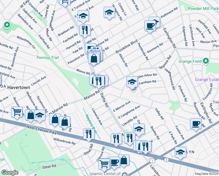 map of restaurants, bars, coffee shops, grocery stores, and more near 9 East Manoa Road in Havertown