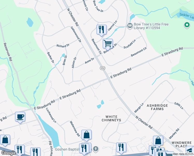map of restaurants, bars, coffee shops, grocery stores, and more near 1531 East Strasburg Road in West Chester