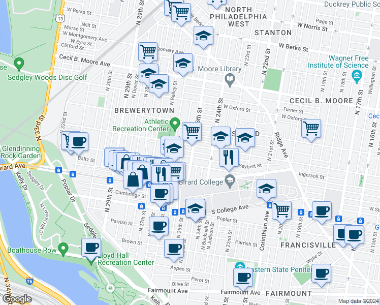 map of restaurants, bars, coffee shops, grocery stores, and more near 2502 Ingersoll Street in Philadelphia
