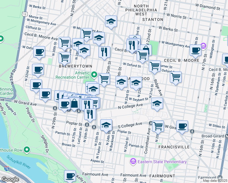 map of restaurants, bars, coffee shops, grocery stores, and more near 2407 Ingersoll Street in Philadelphia