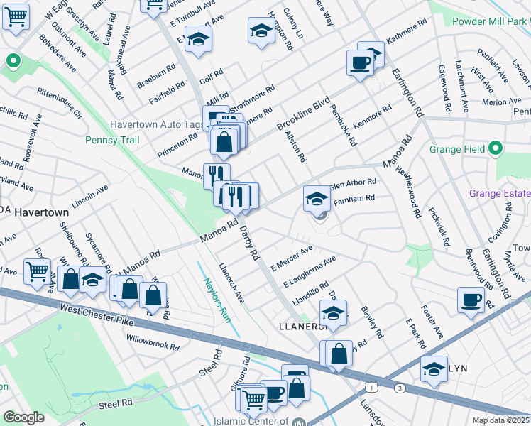 map of restaurants, bars, coffee shops, grocery stores, and more near 530 Twin Oaks Drive in Havertown