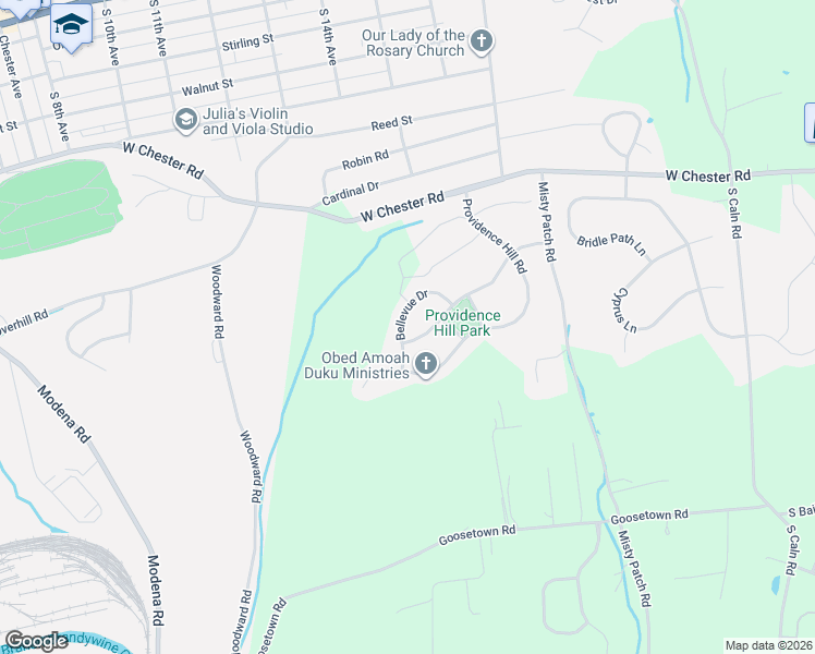 map of restaurants, bars, coffee shops, grocery stores, and more near 116 Bellevue Drive in Coatesville